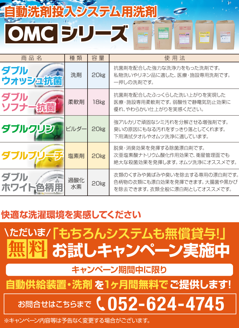 自動洗剤投入システム用洗剤「OMCシリーズ」ダブルウオッシュ抗菌、ダブルソフナー抗菌、ダブルクリン、ダブルブリーチ、ダブルホワイト色柄用